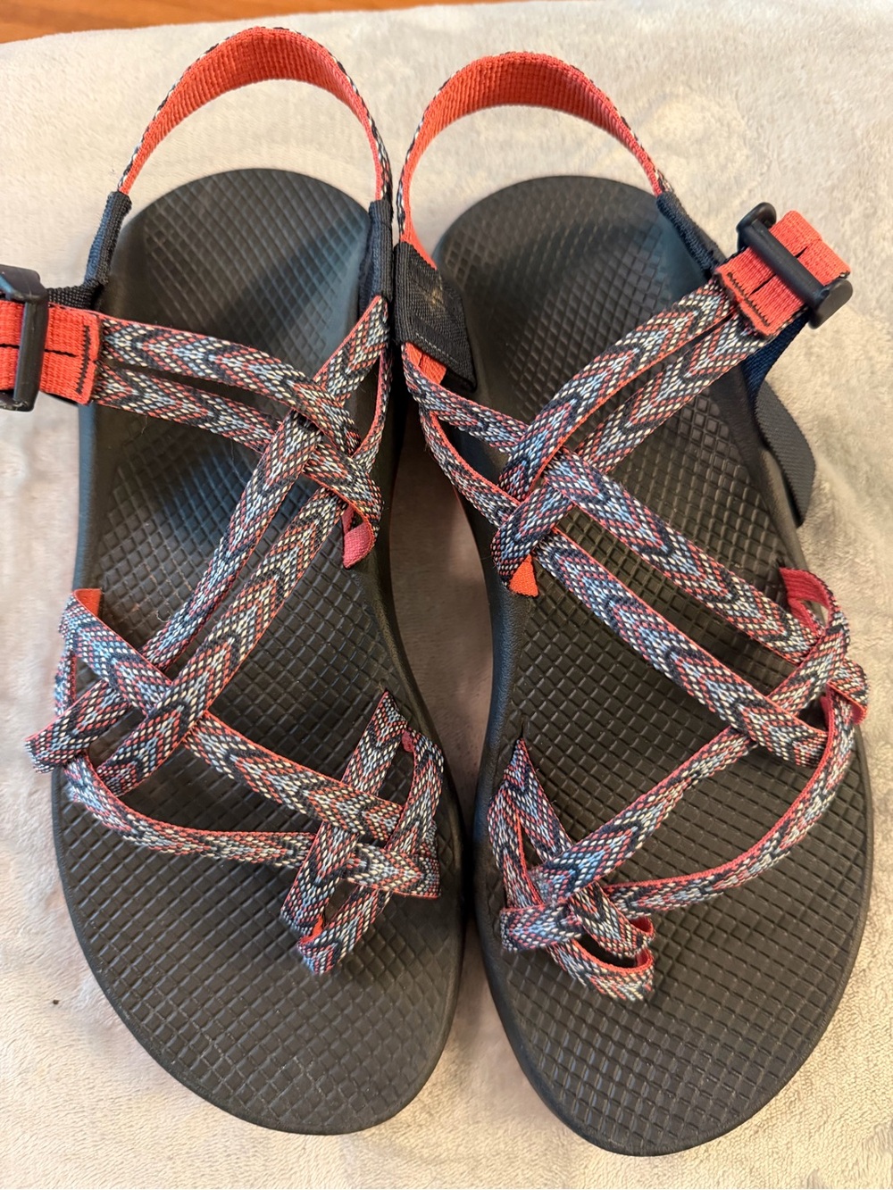 Chaco Women's Multicolor Strappy Sport Sandals - Black Soles, Red/Coral Straps